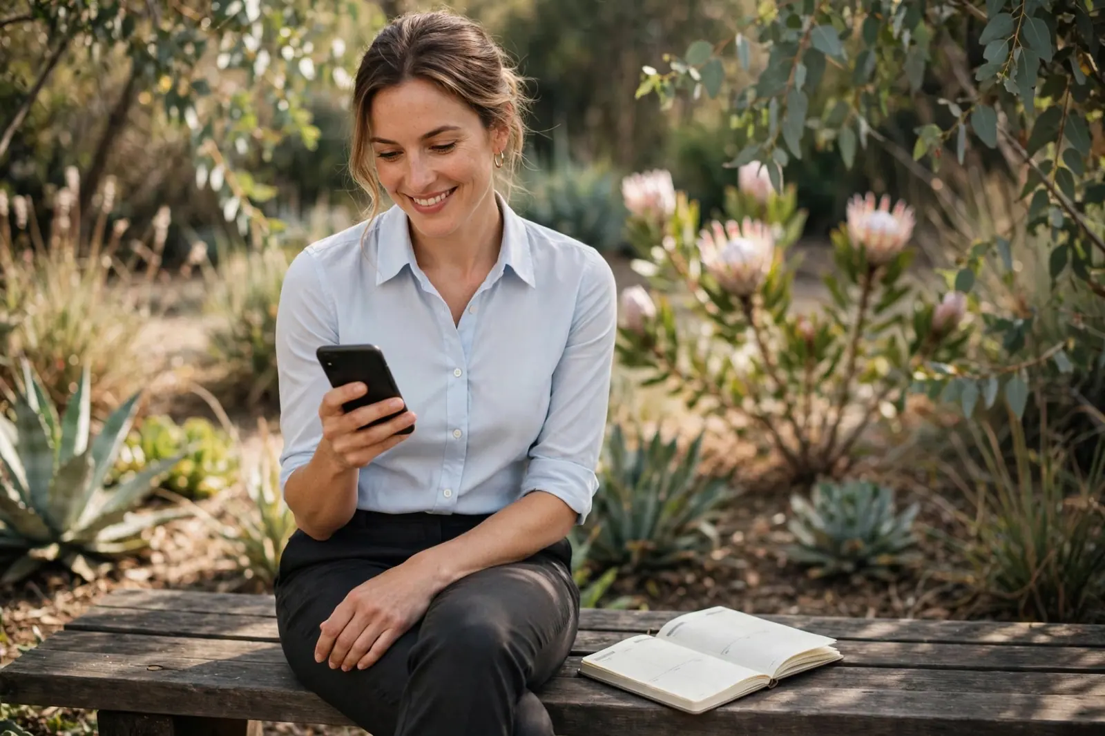 A woman books her next tan on her phone from a garden bench among the proteas