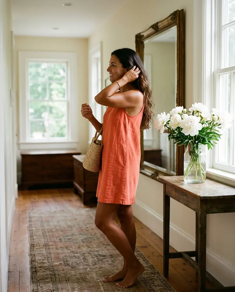 A woman in a coral dress checks her hair in a hallway mirror before heading out