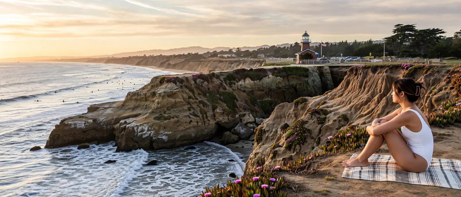 A woman in a white swimsuit sits on a blanket at the cliff edge at sunset, looking toward the lighthouse